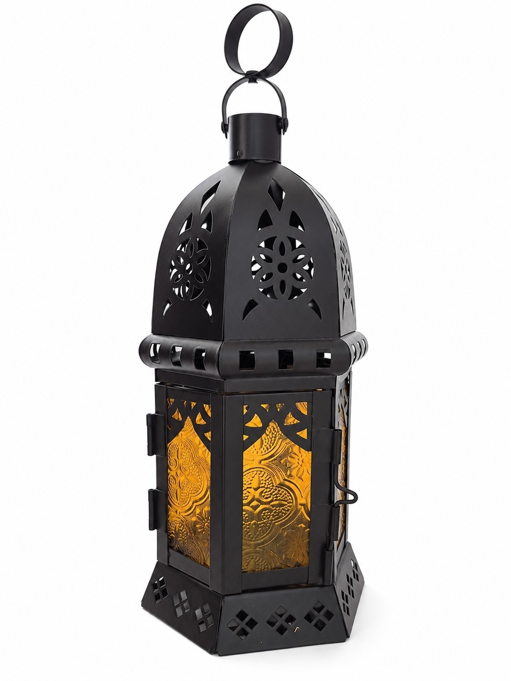 Black Metal Moroccan-Style Lantern with Amber Glass Panels